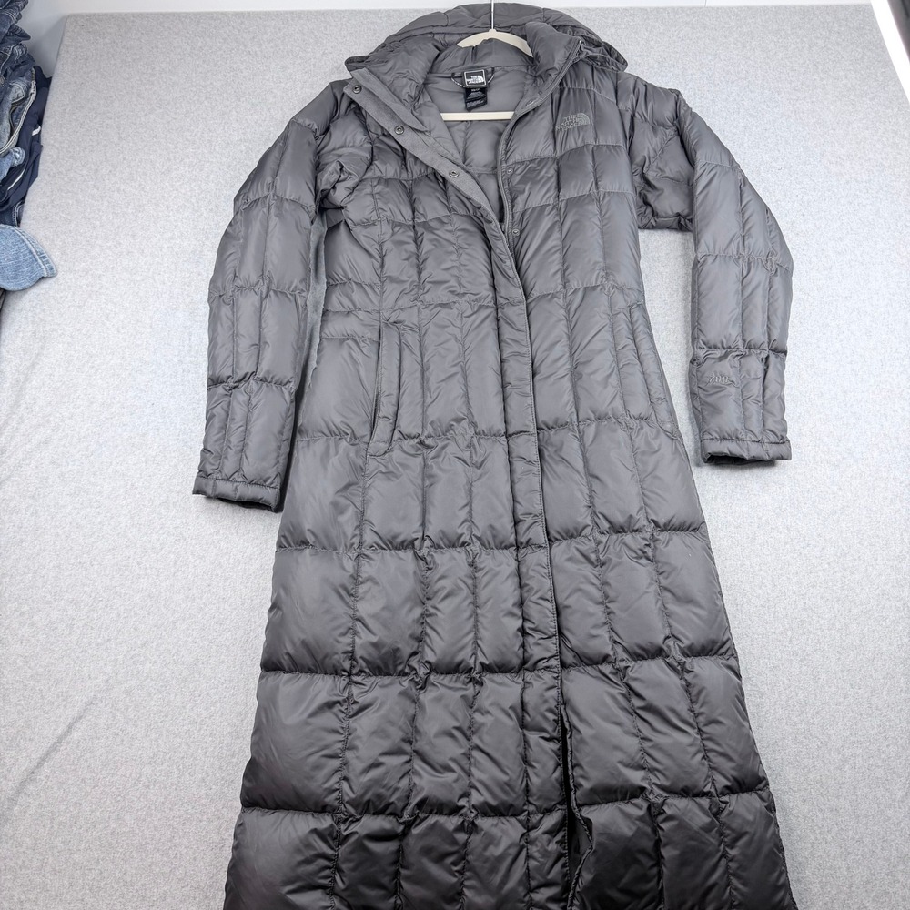 The North Face Women's XS Long Goose Down Puffer Coat Gray Hooded Parka A64P